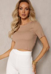 Ciemnobeżowy T-shirt z Prążkowanej Dzianiny o Krótkim Kroju Poutia. Brązowe t-shirty damskie Renee, l, bez wzorów, z dzianiny, bez kołnierzyka. Za 44.99 zł.