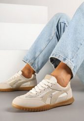 Ciemnobeżowe Sneakersy w Stylu Tenisówek Ozdobione Paskami Amooshea. Brązowe obuwie sportowe damskie Born2be, z jeansu, bez zapięcia, tenisowe. Za 84.99 zł.