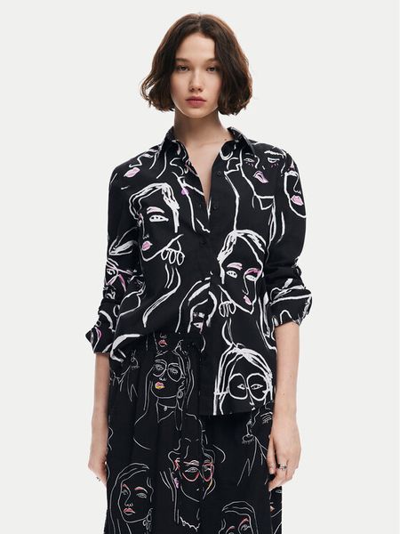 Desigual Koszula Faces 24WWCW34 Czarny Regular Fit. Czarne koszule damskie Desigual, l, bez wzorów, z bawełny, bez kołnierzyka, bez ramiączek. Za 189.99 zł.