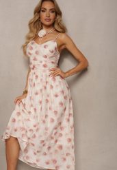 Różowo-Beżowa Sukienka z Chokerem z Kwiatem o Rozkloszowanym Kroju na Ramiączkach Kremeria. Czerwone sukienki damskie Renee, bez wzorów, eleganckie, bez ramiączek. W wyprzedaży za 143.99 zł.
