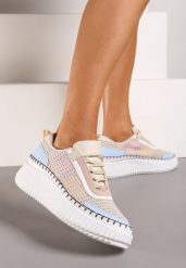 Beżowo-Niebieskie Sznurowane Sneakersy na Grubej Podeszwie do Kostki Pasapia. Brązowe obuwie sportowe damskie Renee, z materiału, bez zapięcia. Za 99.99 zł.