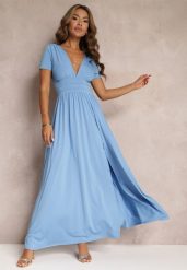 Jasnoniebieska Sukienka Maxi z Rozkloszowanym Dołem i Rozcięciem Zarya. Niebieskie sukienki damskie Renee, bez wzorów, bez ramiączek. W wyprzedaży za 143.99 zł.