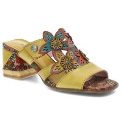 Klapki damskie Laura Vita, na obcasie ozdobne kwiaty szeroki pasek wygodna podeszwa letni styl, żółte, 09 SOK26-9. Żółte klapki damskie LAURA VITA, bez wzorów, bez obcasa, na obcasie, bez zapięcia. Za 278.90 zł.