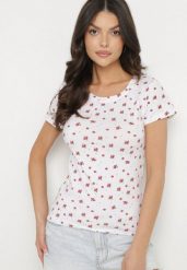Biały Bawełniany T-shirt w Kwiatowy Wzór Savele. Białe t-shirty damskie Born2be, l, z aplikacjami, z bawełny, bez kołnierzyka. Za 29.99 zł.