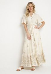 Beżowa Wiskozowa Sukienka Boho o Rozkloszowanym Kroju z Haftem i Wiązaniem Lilvanis. Brązowe sukienki damskie Born2be, bez wzorów, z jeansu, boho, bez ramiączek. Za 189.99 zł.