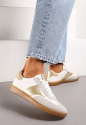Biało-Złote Sneakersy Tenisówki o Klasycznym Fasonie Do Kostki Satrama. Białe obuwie sportowe damskie Born2be, bez wzorów, z jeansu, bez zapięcia. Za 79.99 zł.