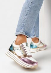 Biało-Różowe Sneakersy na Grubej Podeszwie z Brokatem i Metalicznymi Wstawkami Aeliss. Białe obuwie sportowe damskie Born2be, bez zapięcia. Za 119.99 zł.
