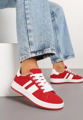 Czerwone Sneakersy na Płaskiej Podeszwie Ozdobione Paskami Ravesi. Czerwone obuwie sportowe damskie Born2be, z jeansu, bez zapięcia. Za 69.99 zł.