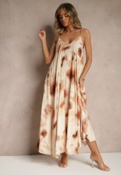 Beżowa Sukienka z Wiskozy Ozdobiona Abstrakcyjnym Wzorem Nilluna. Brązowe sukienki damskie Renee, bez wzorów, z jeansu, eleganckie, bez ramiączek. W wyprzedaży za 95.99 zł.