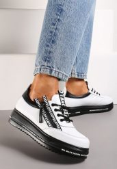 Biało-Czarne Sneakersy na Platformie ze Skórzaną Wkładką Zapinane z Boku na Zamek Błyskawiczny Urithas. Białe obuwie sportowe damskie Renee, z materiału, bez zapięcia. Za 64.99 zł.