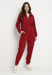 Bordowy Komplet Dresowy z Prążkowanego Materiału Bluza z Kołnierzykiem i Spodnie z Gumką w Pasie Kerulla. Czerwone bluzy damskie Born2be, m, bez wzorów, z dresówki, bez kaptura. Za 79.99 zł.