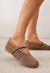 Brązowe Plecione Balerinki VICES z Paskiem z Klamerką i Wycięciem V Nemecea. Brązowe balerinki damskie Born2be, bez wzorów, z jeansu. Za 109.99 zł.