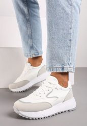 Białe Płaskie Sneakersy z Geometrycznym Zdobieniem Erithine. Białe obuwie sportowe damskie Born2be, z jeansu, bez zapięcia. Za 109.99 zł.