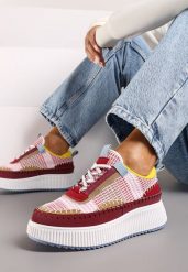 Bordowe Sneakersy na Platformie Wykończone Przeszyciami Terionna. Czerwone obuwie sportowe damskie Renee, z jeansu, bez zapięcia. Za 99.99 zł.