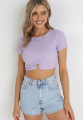 Fioletowy Krótki T-shirt z Ozdobnym Rozcięciem Likina. Fioletowe t-shirty damskie Born2be, s, z aplikacjami, bez kołnierzyka. Za 44.99 zł.