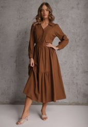 Brązowa Rozkloszowana Sukienka Koszulowa z Bawełny i Wiskozy Zdobiona Klapami Gleta. Brązowe sukienki damskie Renee, z aplikacjami, z bawełny, eleganckie, bez ramiączek. Za 149.99 zł.