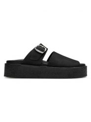 Clarks Skórzane klapki w kolorze czarnym rozmiar: 39. Czarne klapki damskie Clarks, bez wzorów, z otwartym noskiem, bez obcasa, na platformie, bez zapięcia. Za 259.13 zł.