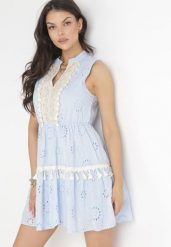 Niebieska Sukienka z Gumką w Pasie z Haftowanej Tkaniny z Cekinami Atakoto. Niebieskie sukienki damskie Born2be, bez wzorów, z tkaniny, bez ramiączek. Za 129.99 zł.