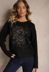 Czarny Sweter z Kolorowym Haftem z Przodu Inavessa. Czarne swetry klasyczne damskie Renee, na zimę, bez kołnierzyka. Za 149.99 zł.