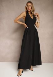 Czarna Rozkloszowana Sukienka Halter z Wiązaniem i Odkrytymi Plecami Senicce. Czarne sukienki damskie Renee, bez wzorów, eleganckie, bez ramiączek. W wyprzedaży za 111.99 zł.