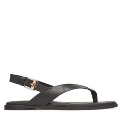 Sandały Tommy Hilfiger. Czarne sandały damskie Tommy Hilfiger, bez wzorów, bez obcasa, na płaskiej podeszwie, bez zapięcia. Za 329.99 zł.