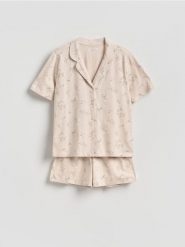 Dwuczęściowa piżama z bawełny - beżowy. Brązowe piżamy damskie Reserved, bez wzorów, z bawełny, bez ramiączek. Za 69.99 zł.