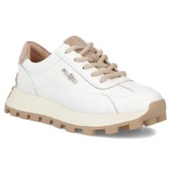 Skórzane półbuty sneakersy na platformie białe Filippo DP7498. Białe półbuty damskie Filippo, bez wzorów, ze skóry, bez obcasa, na platformie, bez zapięcia. Za 219.99 zł.