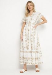 Biała Bawełniana Sukienka w Boho Print Rozkloszowana z Metalicznymi Haftami i Frędzlami Divilea. Białe sukienki damskie Born2be, bez wzorów, z bawełny, boho, bez ramiączek. Za 229.99 zł.