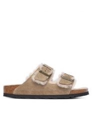 Birkenstock Klapki Arizona Shearling 1028293 Beżowy. Brązowe klapki damskie Birkenstock, bez wzorów, ze skóry, bez obcasa, bez zapięcia. Za 749.99 zł.