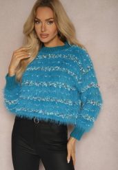 Niebieski Sweter z Dodatkiem Bawełny Ozdobiony Kolorową Nicią Raiqua. Niebieskie swetry klasyczne damskie Renee, l, z bawełny, bez kołnierzyka. Za 84.99 zł.