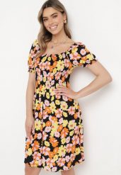 Czarno-Pomarańczowa Wiskozowa Sukienka Midi Rozkloszowana w Kwiatowy Print Acarana. Czarne sukienki damskie Born2be, bez wzorów, z materiału, bez ramiączek. Za 79.99 zł.