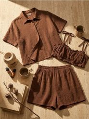 Bawełniana piżama trzyczęsciowa - brązowy. Brązowe piżamy damskie Sinsay, bez wzorów, z bawełny, bez ramiączek. Za 59.99 zł.