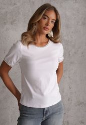 Biały Gładki T-shirt Bawełniany z Ozdobnymi Lamówkami z Warkoczowego Splotu Thalia. Białe t-shirty damskie Renee, m, bez wzorów, z bawełny, bez kołnierzyka. Za 49.99 zł.