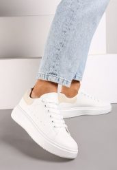 Biało-Beżowe Casualowe Sneakersy na Platformie ze Sznurowaniem Tialorae. Białe obuwie sportowe damskie Renee, z jeansu, bez zapięcia. Za 69.99 zł.