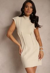 Beżowa Prążkowana Sukienka Dzianinowa o Taliowanym Kroju z Półgolfem Avarielle. Brązowe sukienki damskie Renee, bez wzorów, z dzianiny, eleganckie, bez ramiączek. W wyprzedaży za 99.99 zł.