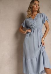 Niebieska Rozkloszowana Sukienka z Bawełny Zdobiona Guzikami Folennea. Niebieskie sukienki damskie Renee, z aplikacjami, z bawełny, eleganckie, bez ramiączek. W wyprzedaży za 63.99 zł.