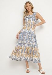Niebieska Rozkloszowana Sukienka z Wiskozą Wiązana na Plecach w Print Boho Turielia. Niebieskie sukienki damskie Born2be, bez wzorów, z wiskozy, boho, bez ramiączek. Za 89.99 zł.