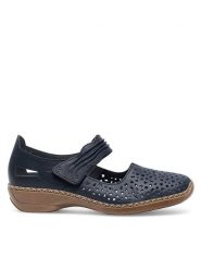 Rieker Półbuty 41399-14 Granatowy. Niebieskie półbuty damskie Rieker, bez wzorów, ze skóry, bez obcasa, na płaskiej podeszwie, bez zapięcia. Za 299.99 zł.
