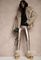 Srebrne Spodnie z Ekoskóry Skinny High Waist Ocieplane Polarową Wyściółką Lavimi. Szare rurki damskie Renee, z aplikacjami, z jeansu, z podwyższonym stanem. Za 34.99 zł.