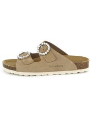 BABUNKERS Family Skórzane klapki w kolorze jasnobrązowym rozmiar: 39. Brązowe klapki damskie BABUNKERS Family, bez wzorów, z otwartym noskiem, bez obcasa, bez zapięcia. Za 173.99 zł.