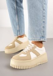 Ciemnobeżowe Sneakersy w Stylu Tenisówek na Platformie z Tłoczeniami Firreis. Brązowe kombinezony damskie Born2be, bez wzorów, z jeansu, casualowe, bez kołnierzyka, bez ramiączek. Za 99.99 zł.