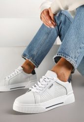 Białe Sneakersy Typu Tenisówki ze Skóry Naturalnej z Ozdobną Perforacją Vivallie. Białe obuwie sportowe damskie Renee, z jeansu, bez zapięcia, tenisowe. Za 139.99 zł.