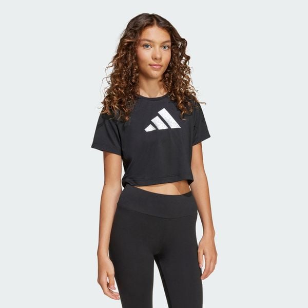 Koszulka Training Essentials Glam Print. Czarne bluzki damskie Adidas, bez wzorów, bez kołnierzyka, bez ramiączek. Za 129.00 zł.