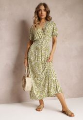 Jasnozielona Rozkloszowana Sukienka Maxi w Kwiaty z Gumką w Pasie Aeyana. Zielone sukienki damskie Renee, bez wzorów, bez ramiączek. Za 69.99 zł.