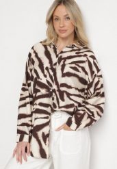 Beżowo-Brązowa Koszula Oversize z Lnu i Wiskozy w Zebrę z Podpinanymi Rękawami Telidwen. Brązowe koszule damskie Born2be, bez wzorów, z jeansu, eleganckie, bez kołnierzyka, bez ramiączek. Za 84.99 zł.