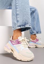 Beżowo-Różowe Sneakersy na Grubej Podeszwie z Siateczką i Błyszczącymi Detalami Xernnia. Brązowe obuwie sportowe damskie Renee, z materiału, bez zapięcia. Za 109.99 zł.