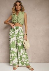 Ciemnozielone Szerokie Spodnie z Wiskozy High Waist w Kwiatowy Wzór Elaneora. Zielone spodnie materiałowe damskie Renee, bez wzorów, z jeansu. Za 39.99 zł.