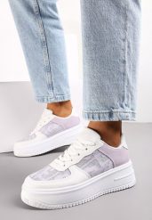 Biało-Fioletowe Sneakersy na Niskiej Platrofmie z Brokatowymi Wstawkami Enollas. Fioletowe obuwie sportowe damskie Renee, bez zapięcia. Za 49.99 zł.