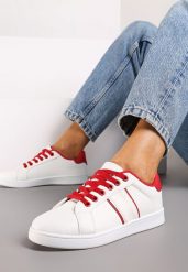 Biało-Czerwone Sznurowane Sneakersy na Płaskiej Podeszwie Wykończone Paskami Elinela. Białe obuwie sportowe damskie Renee, z materiału, bez zapięcia. Za 69.99 zł.