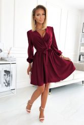 Kopertowa Sukienka z Bufiastym Rękawem - Bordowa. Czerwone sukienki damskie NUMOCO, bez wzorów, z elastanu, wizytowe, bez ramiączek. Za 253.90 zł.